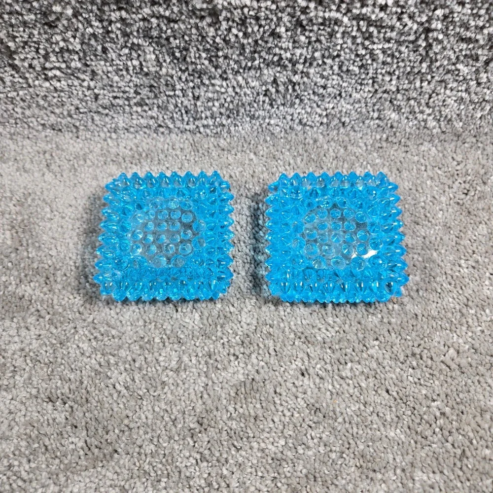 Vintage Hobnail Glass Candle Holder Set Turquoise Blue Square Votive Pair
